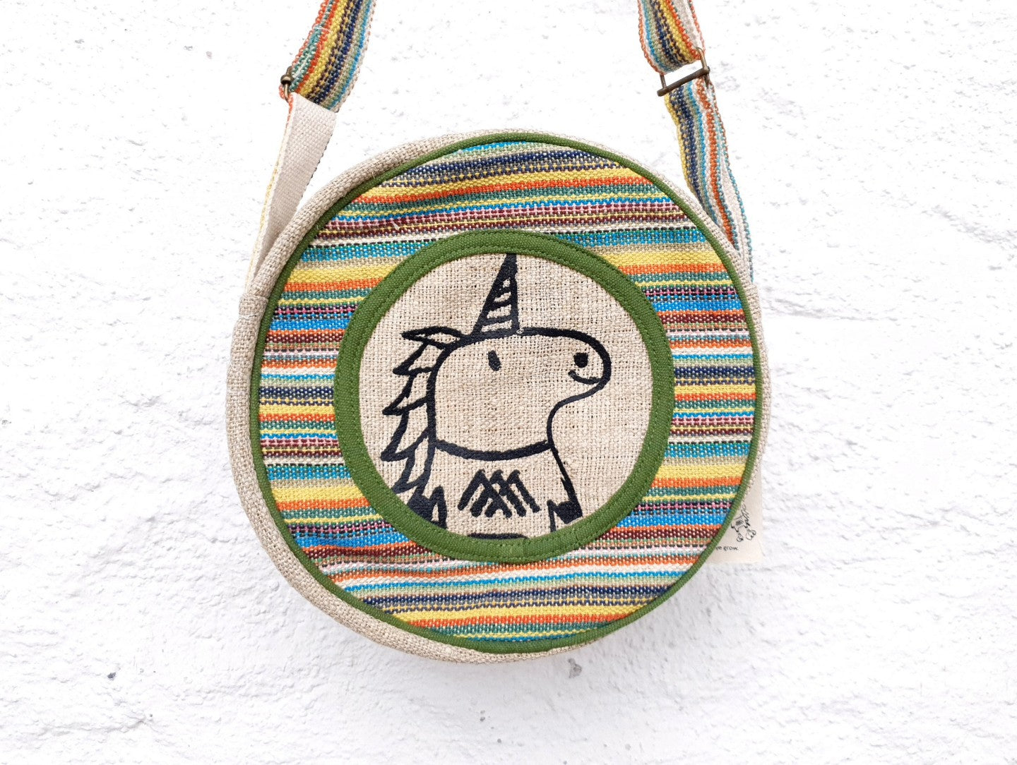 AIMY runde Einhorn Umhängetasche aus wildem Hanf und Baumwolle