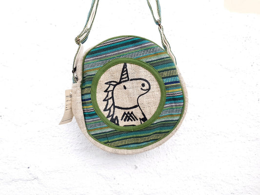 AIMY runde Einhorn Umhängetasche aus wildem Hanf und Baumwolle
