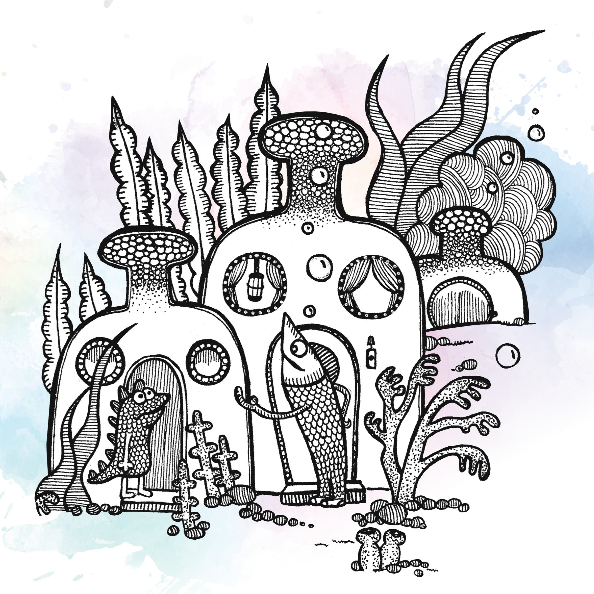 Bild von Dita mit zwei flaschenförmigen Häuschen und zwei Unterwasserfiguren, von denen eines einem Fisch und eines einer Echse ähnelt.